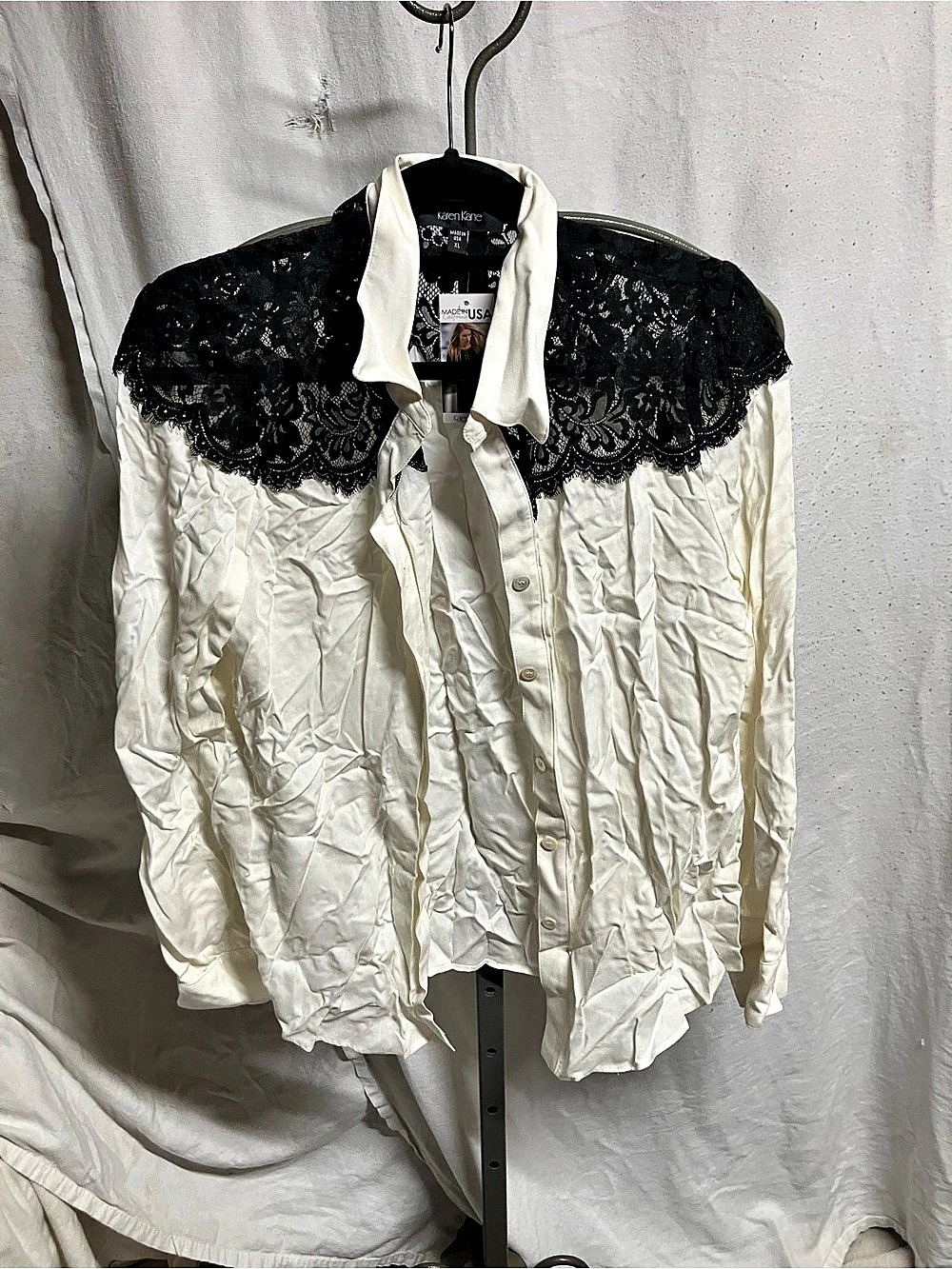 Karen Kane Wild Card Lace Yoke Shirt Lace Yoke Shirt in White & Black XL NWT